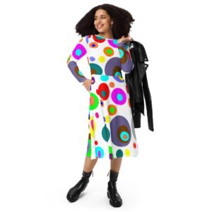 Vestido midi con manga larga all over "Ovoides White"