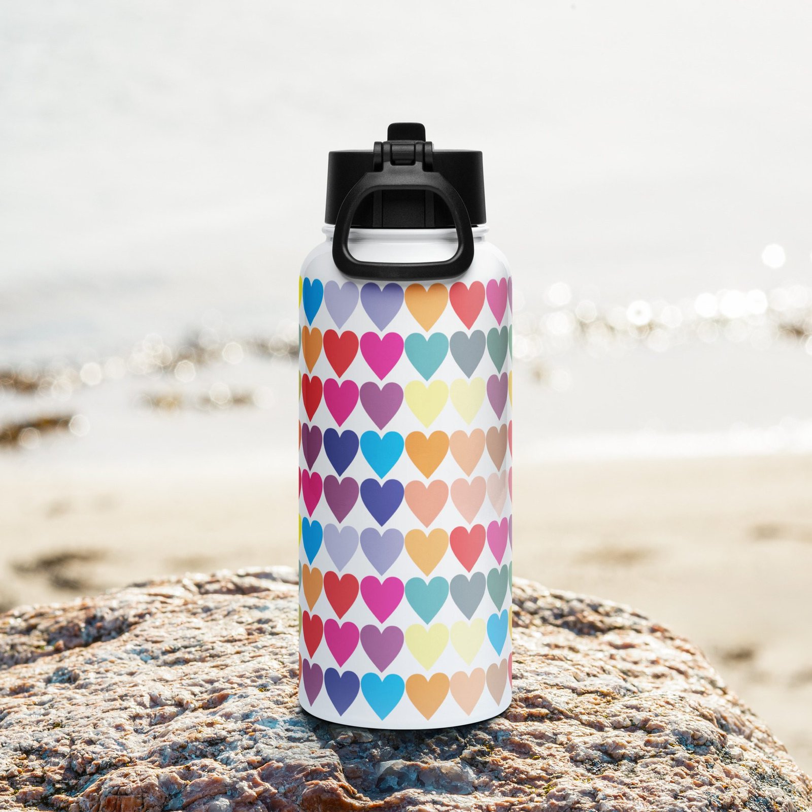 Botella de acero inoxidable con tapa de pajita 32 oz. "Color hearts"